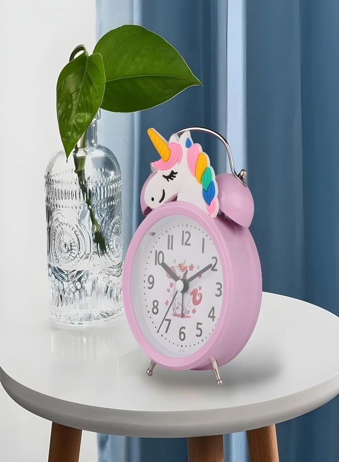 De'rons Twin Bell Analog Table Alarm Clock for Heavy Sleepers with Backlight Alarm Clock for Study Table Funny Cute Cartoon Unicorn Shape Alarm Clock for Girls Kids Boys Bedroom 9 x 13.5 cm (Pink) - Image 2